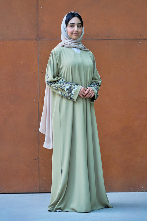 Embellished Sleeve Abaya in Pastel Sage with Hand-Beaded Floral Detailing