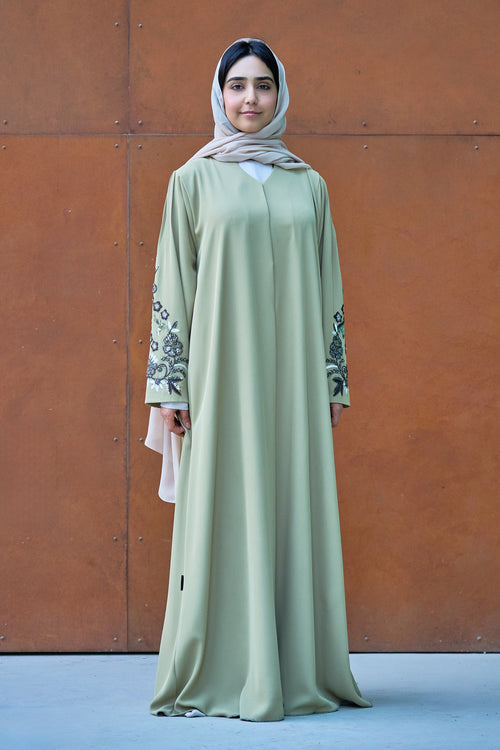Embellished Sleeve Abaya in Pastel Sage with Hand-Beaded Floral Detailing – hover image