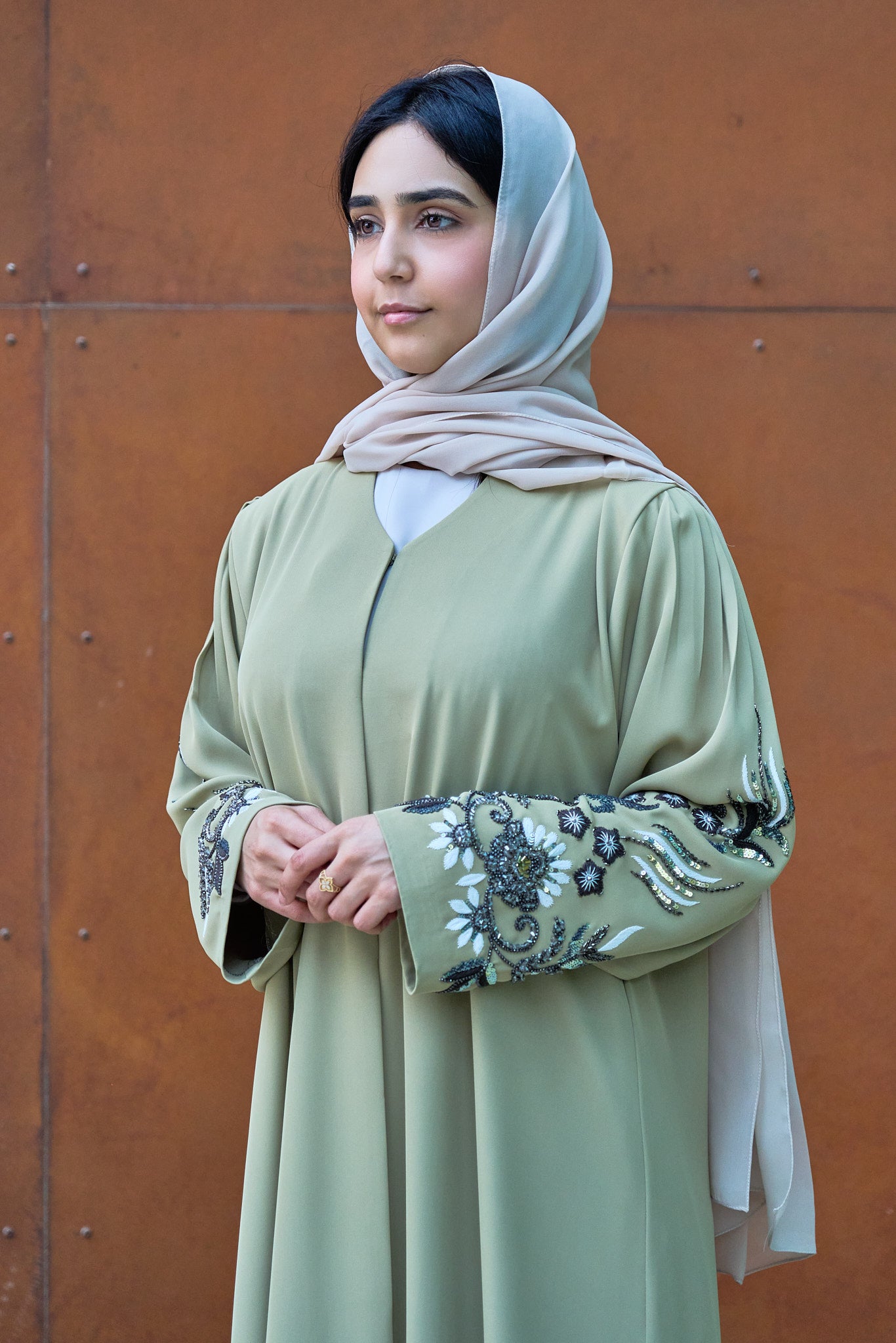 Embellished Sleeve Abaya in Pastel Sage with Hand-Beaded Floral Detailing