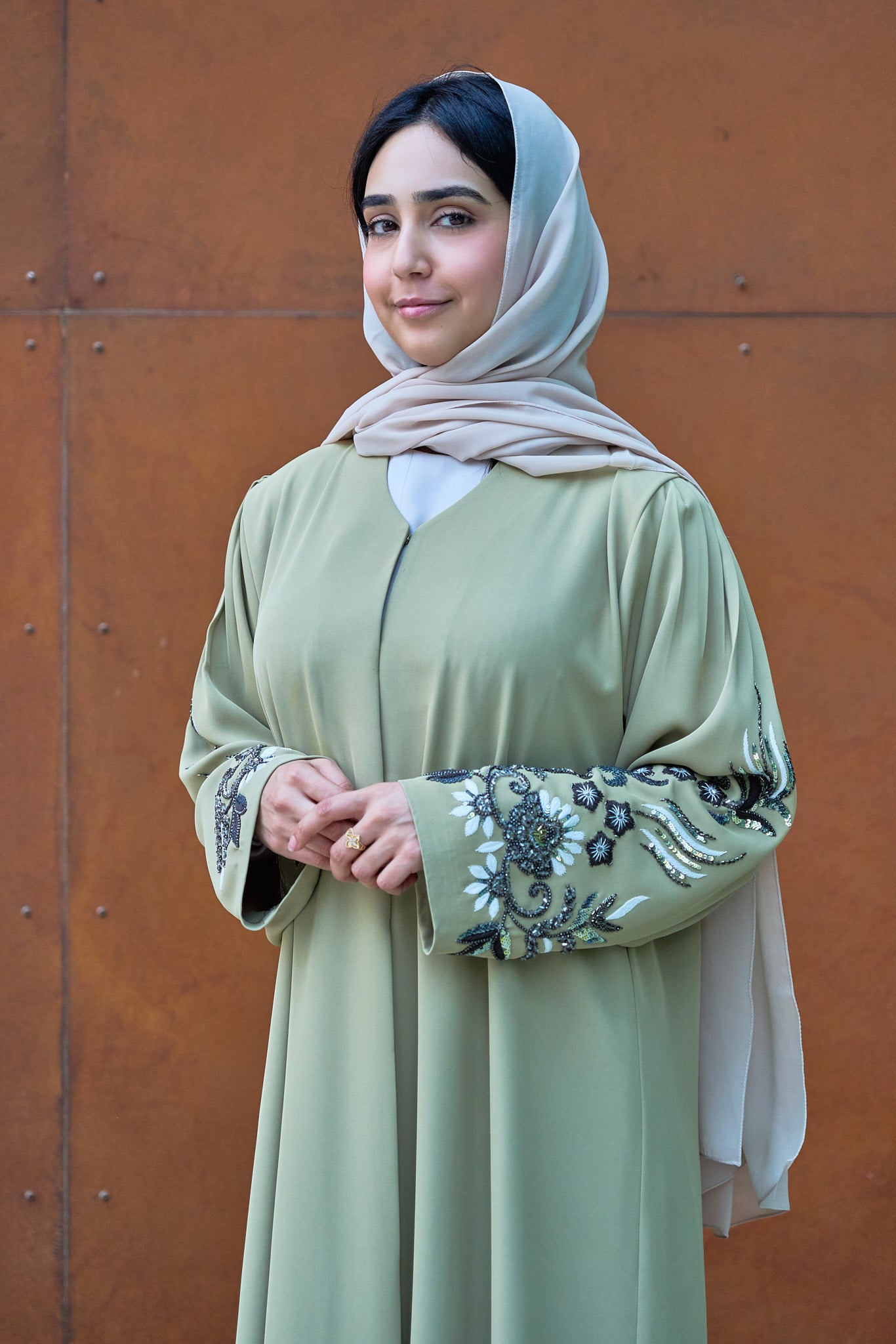 Embellished Sleeve Abaya in Pastel Sage with Hand-Beaded Floral Detailing
