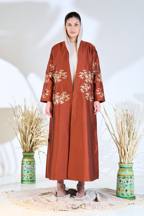 Embroidered Copper Taffeta Abaya with Mosaic Floral Detailing
