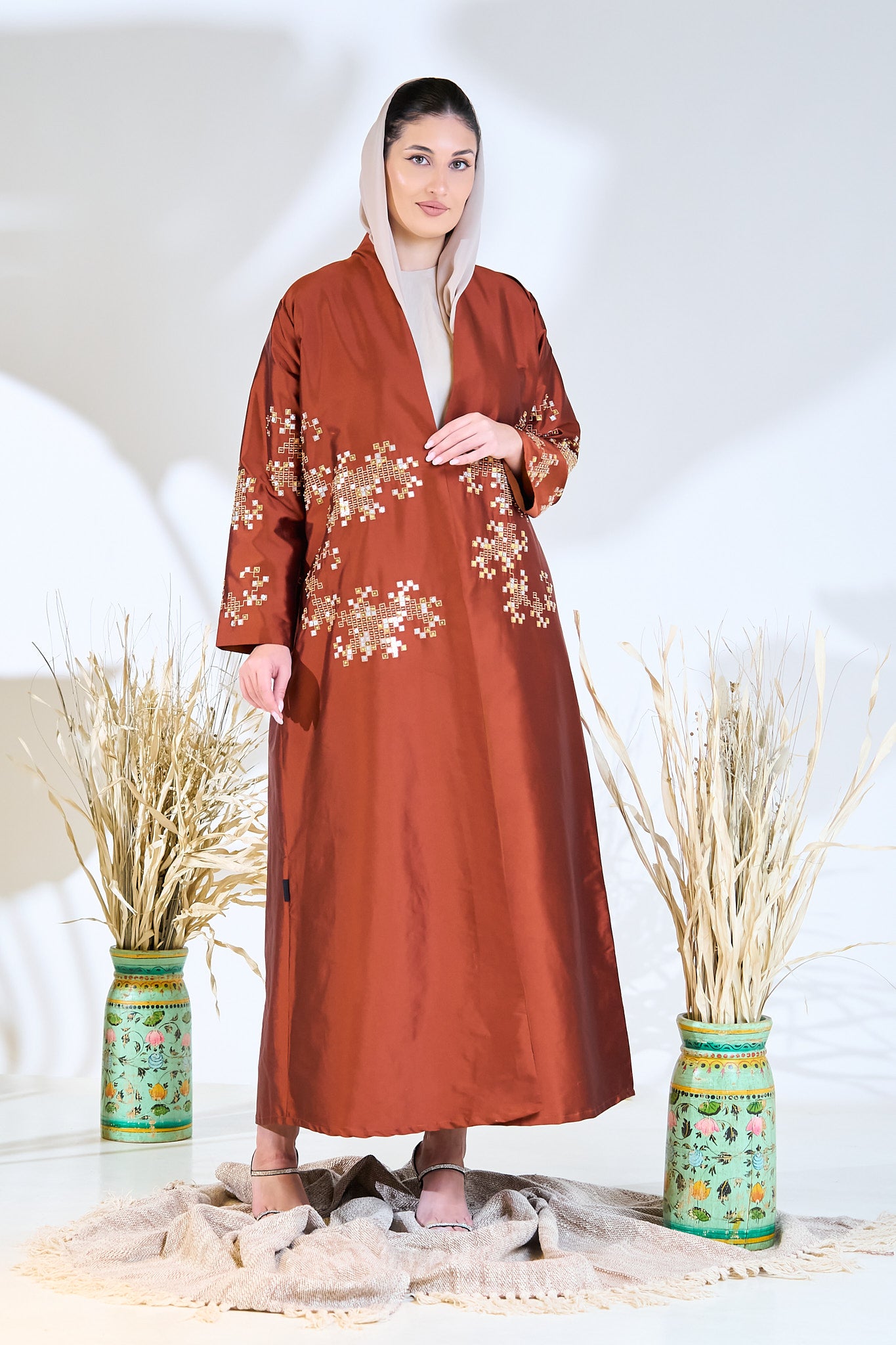 Embroidered Copper Taffeta Abaya with Mosaic Floral Detailing