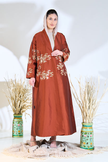 Embroidered Copper Taffeta Abaya with Mosaic Floral Detailing