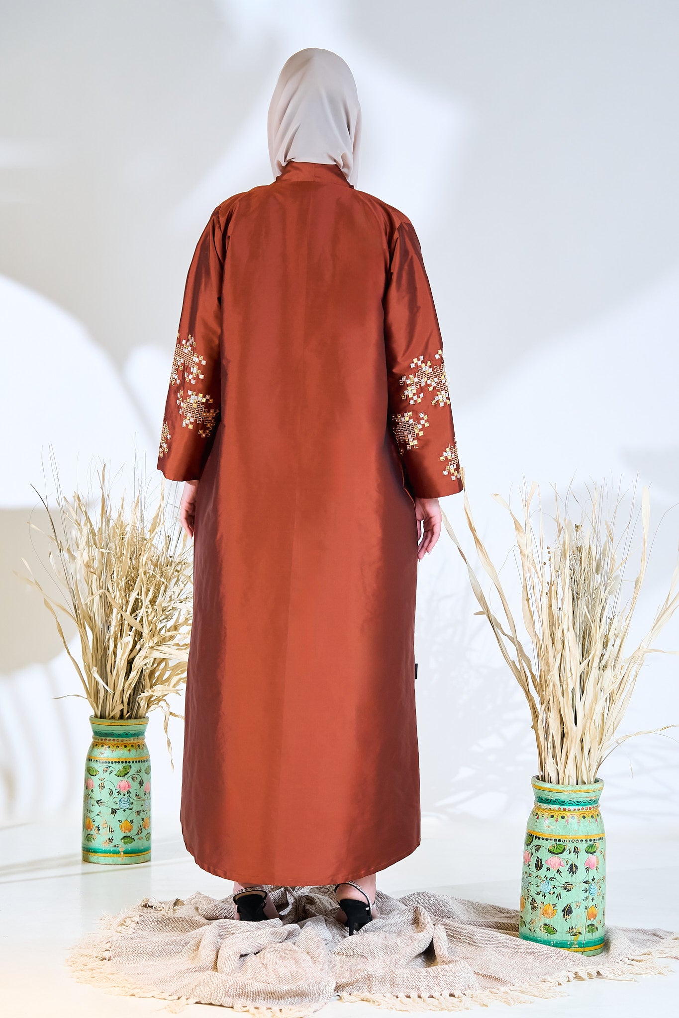 Embroidered Copper Taffeta Abaya with Mosaic Floral Detailing