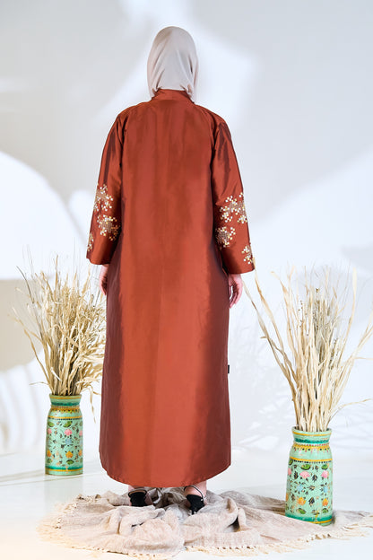 Embroidered Copper Taffeta Abaya with Mosaic Floral Detailing