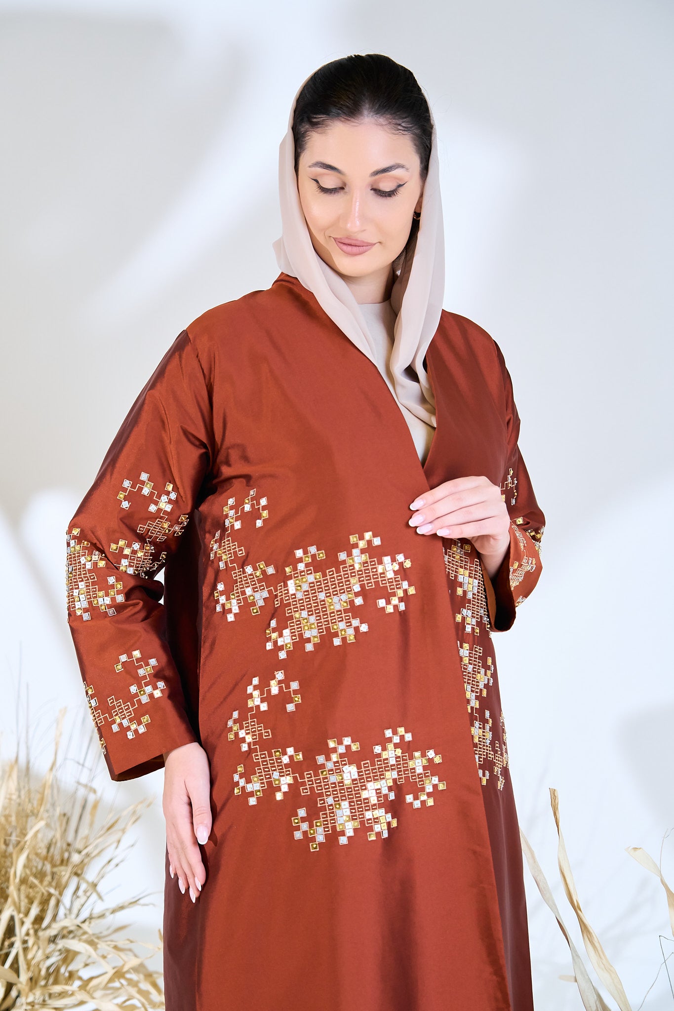 Embroidered Copper Taffeta Abaya with Mosaic Floral Detailing