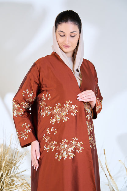 Embroidered Copper Taffeta Abaya with Mosaic Floral Detailing