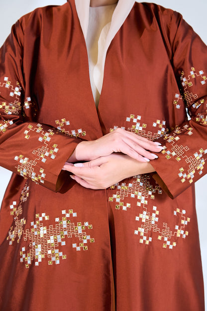 Embroidered Copper Taffeta Abaya with Mosaic Floral Detailing