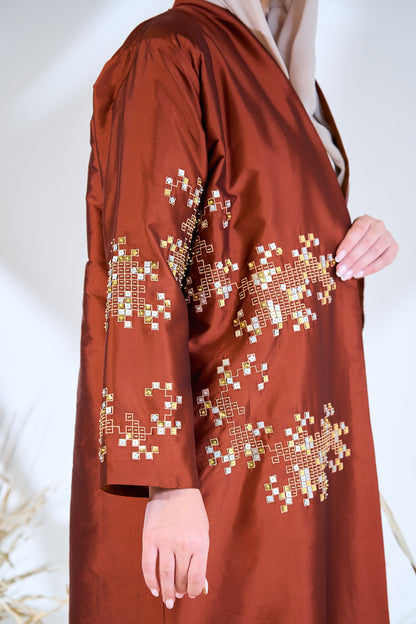 Embroidered Copper Taffeta Abaya with Mosaic Floral Detailing