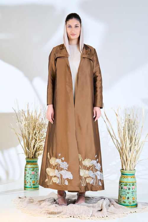 Bronze Taffeta Abaya with Hand-Embroidered Lotus Garden Hem