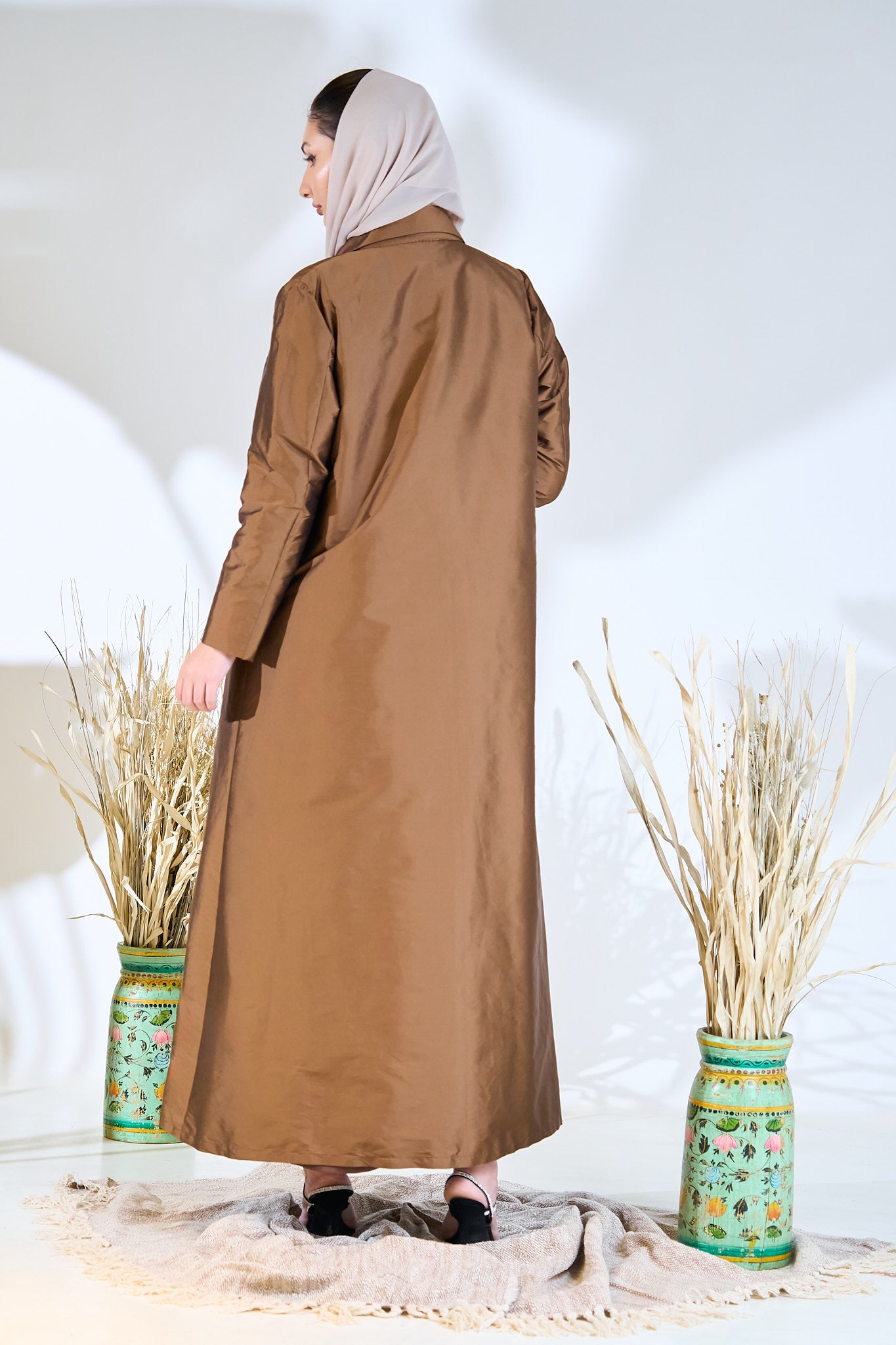Bronze Taffeta Abaya with Hand-Embroidered Lotus Garden Hem