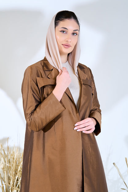 Bronze Taffeta Abaya with Hand-Embroidered Lotus Garden Hem
