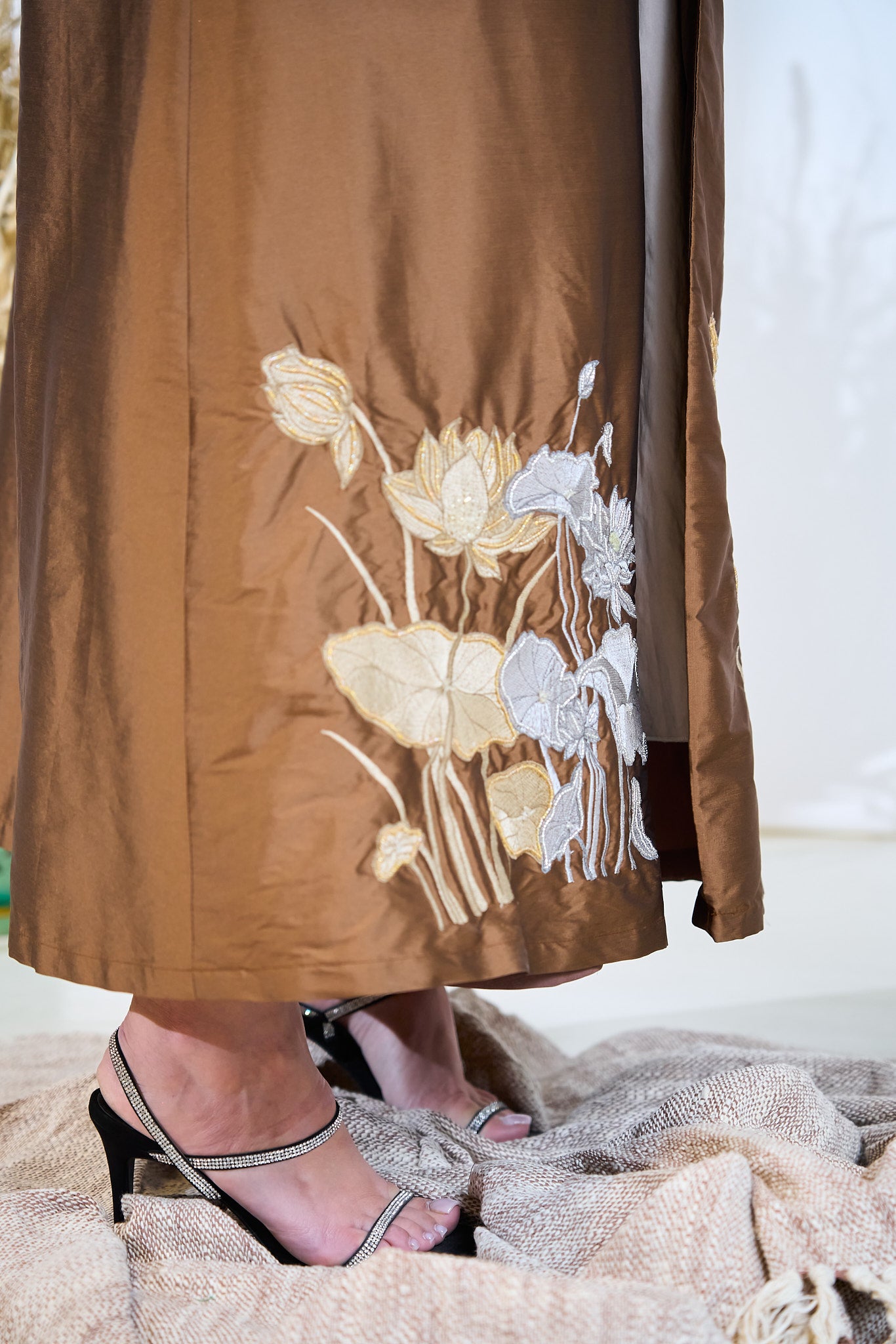 Bronze Taffeta Abaya with Hand-Embroidered Lotus Garden Hem
