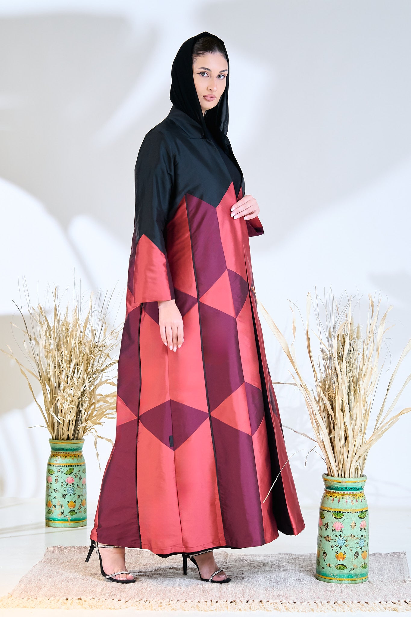 Geometric Color-Block Abaya in Crimson, Berry & Black Taffeta