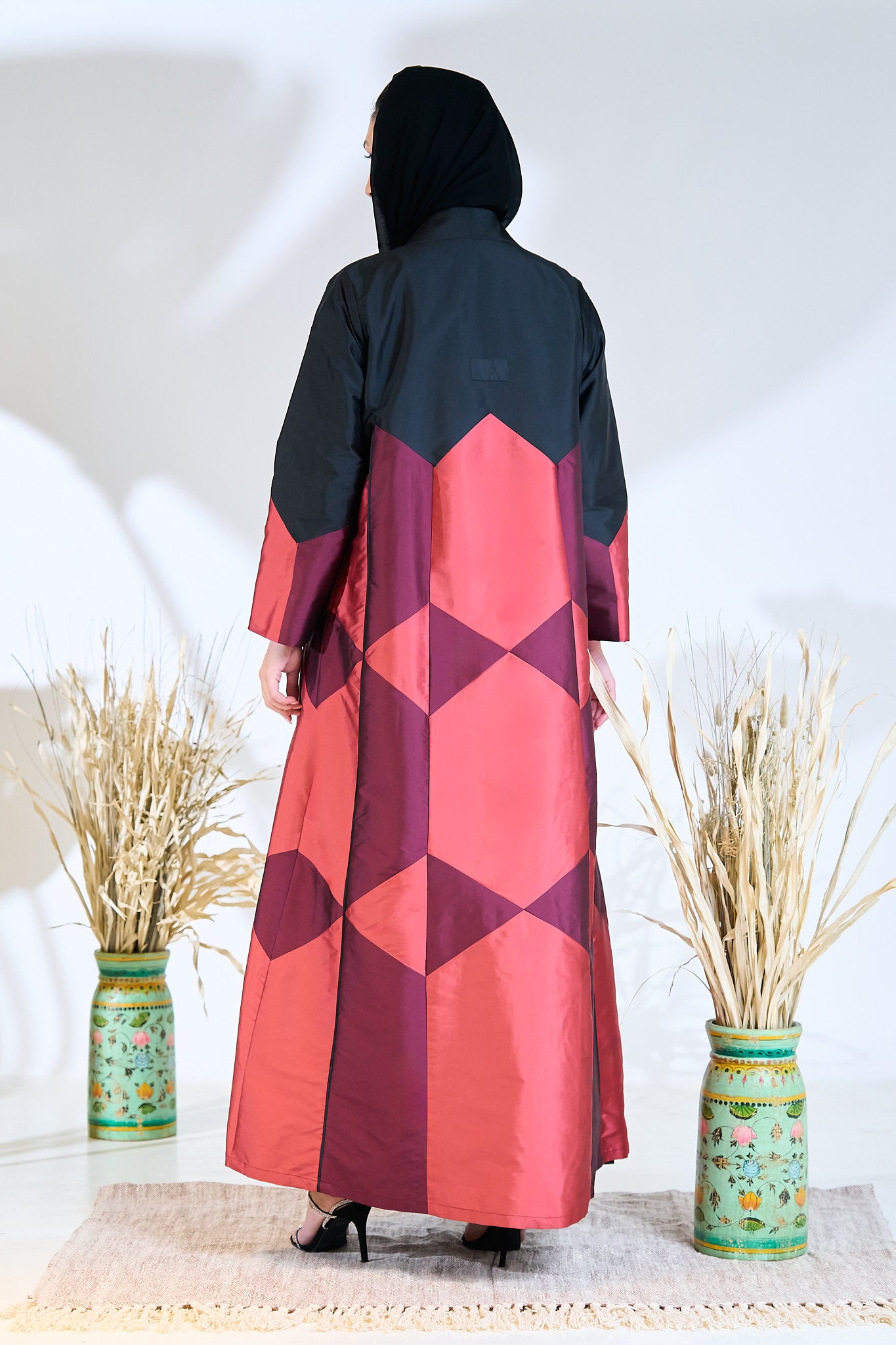 Geometric Color-Block Abaya in Crimson, Berry & Black Taffeta