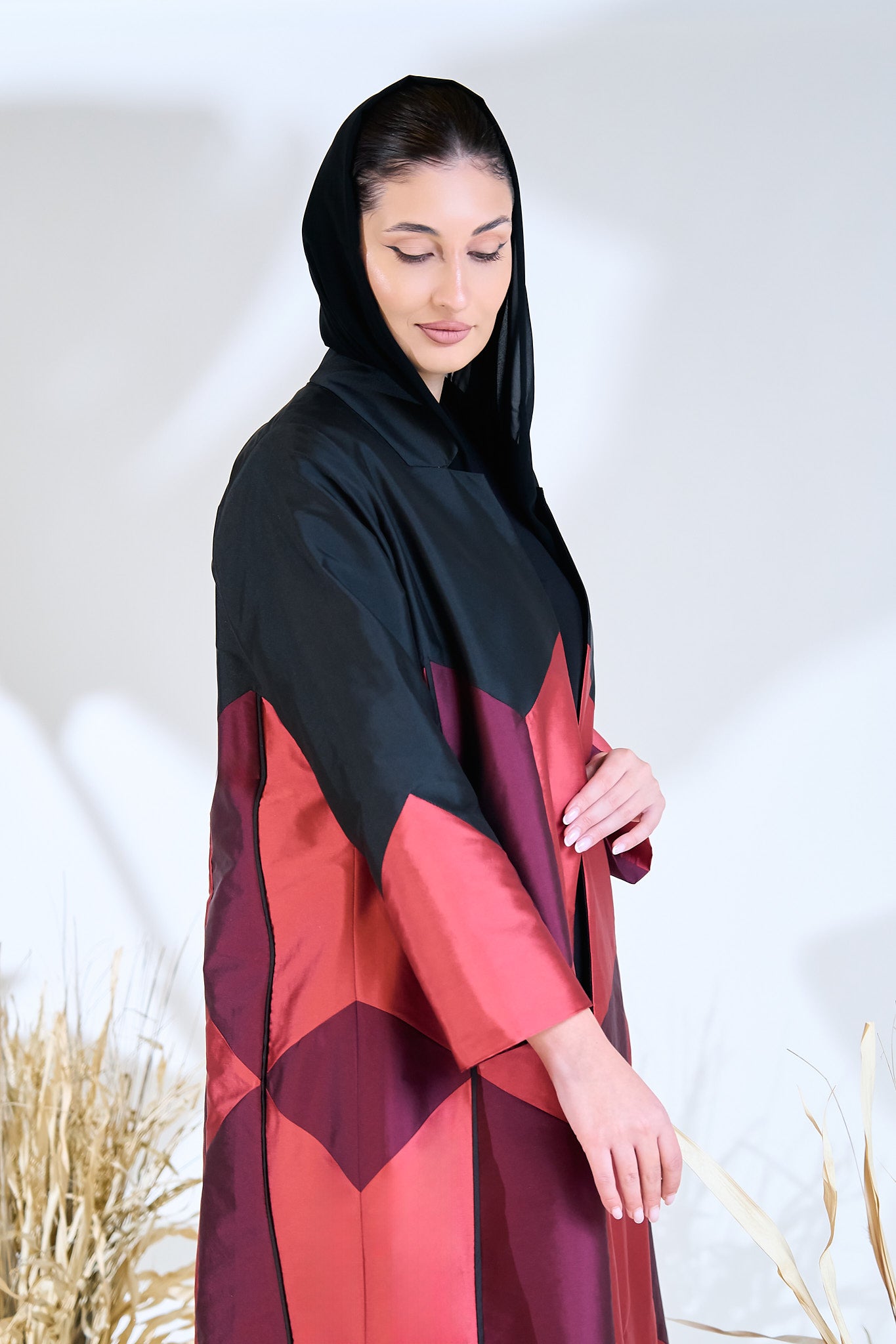 Geometric Color-Block Abaya in Crimson, Berry & Black Taffeta