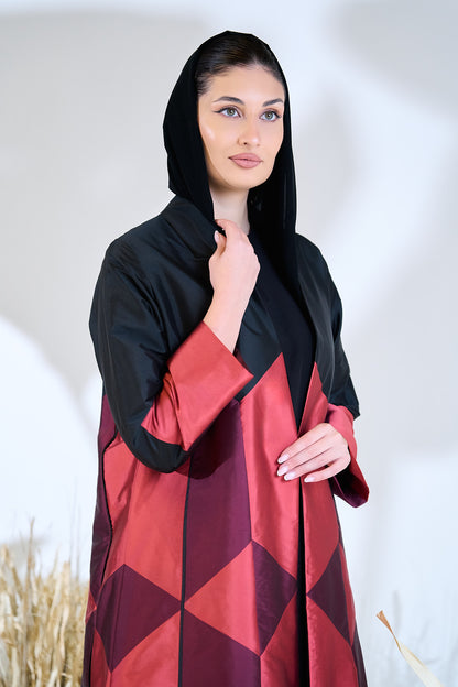 Geometric Color-Block Abaya in Crimson, Berry & Black Taffeta