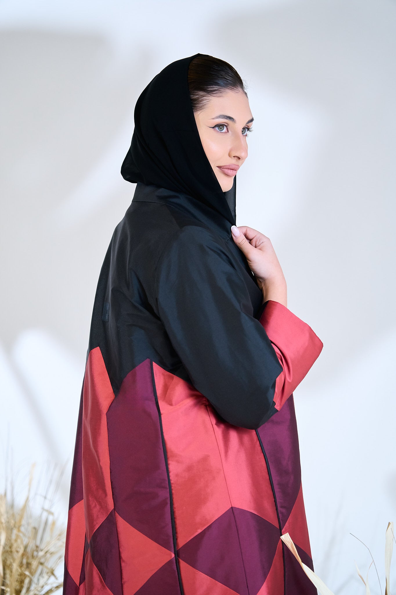 Geometric Color-Block Abaya in Crimson, Berry & Black Taffeta