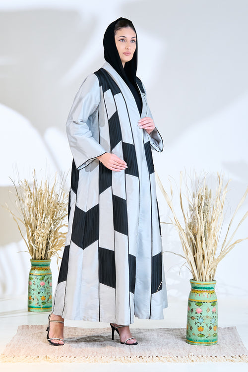 Geometric Panel Abaya in Silver Taffeta with Black Structured Accents – hover image