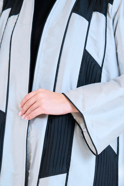 Geometric Panel Abaya in Silver Taffeta with Black Structured Accents