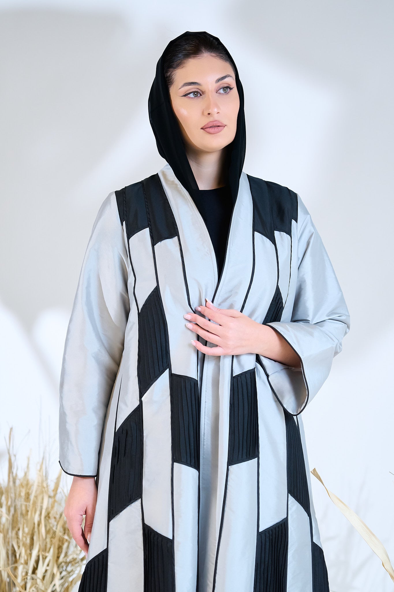 Geometric Panel Abaya in Silver Taffeta with Black Structured Accents
