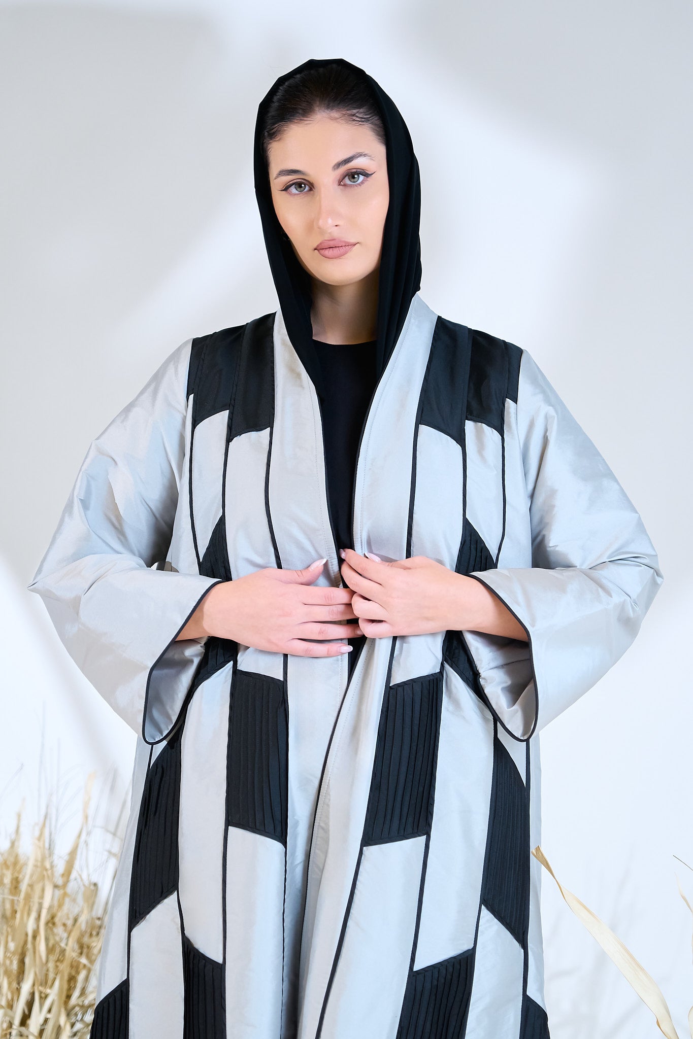 Geometric Panel Abaya in Silver Taffeta with Black Structured Accents