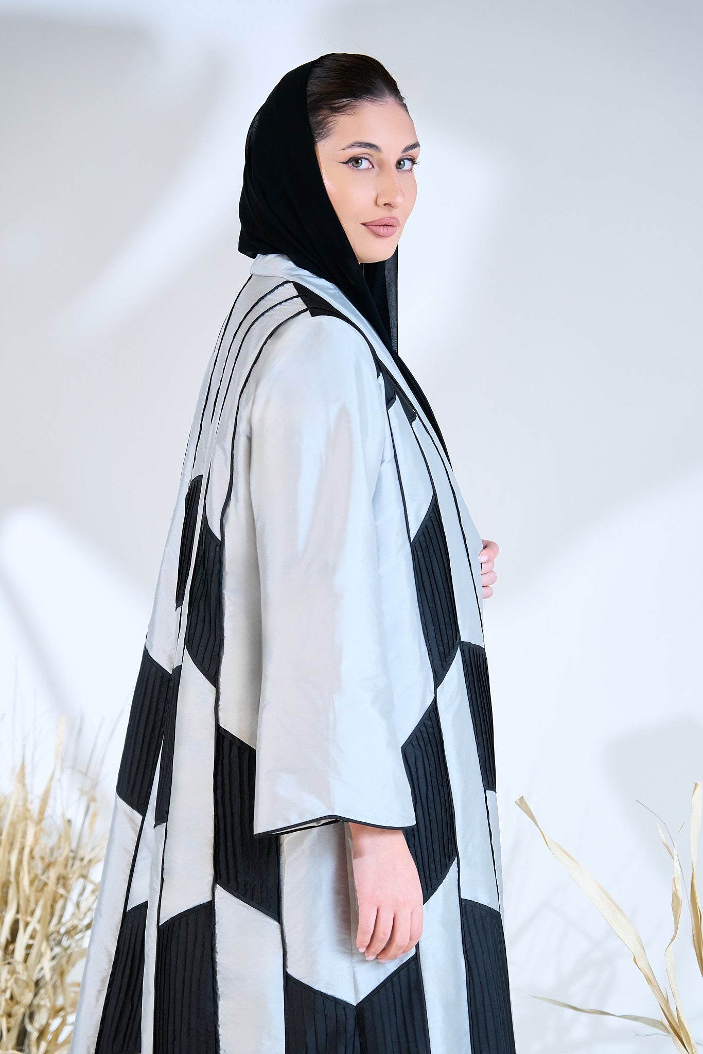 Geometric Panel Abaya in Silver Taffeta with Black Structured Accents