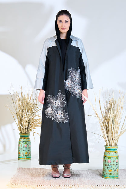 Two-Tone Abaya with Hand-Embellished Radiant Burst Motifs