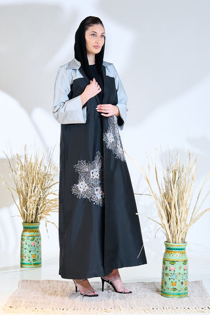 Two-Tone Abaya with Hand-Embellished Radiant Burst Motifs