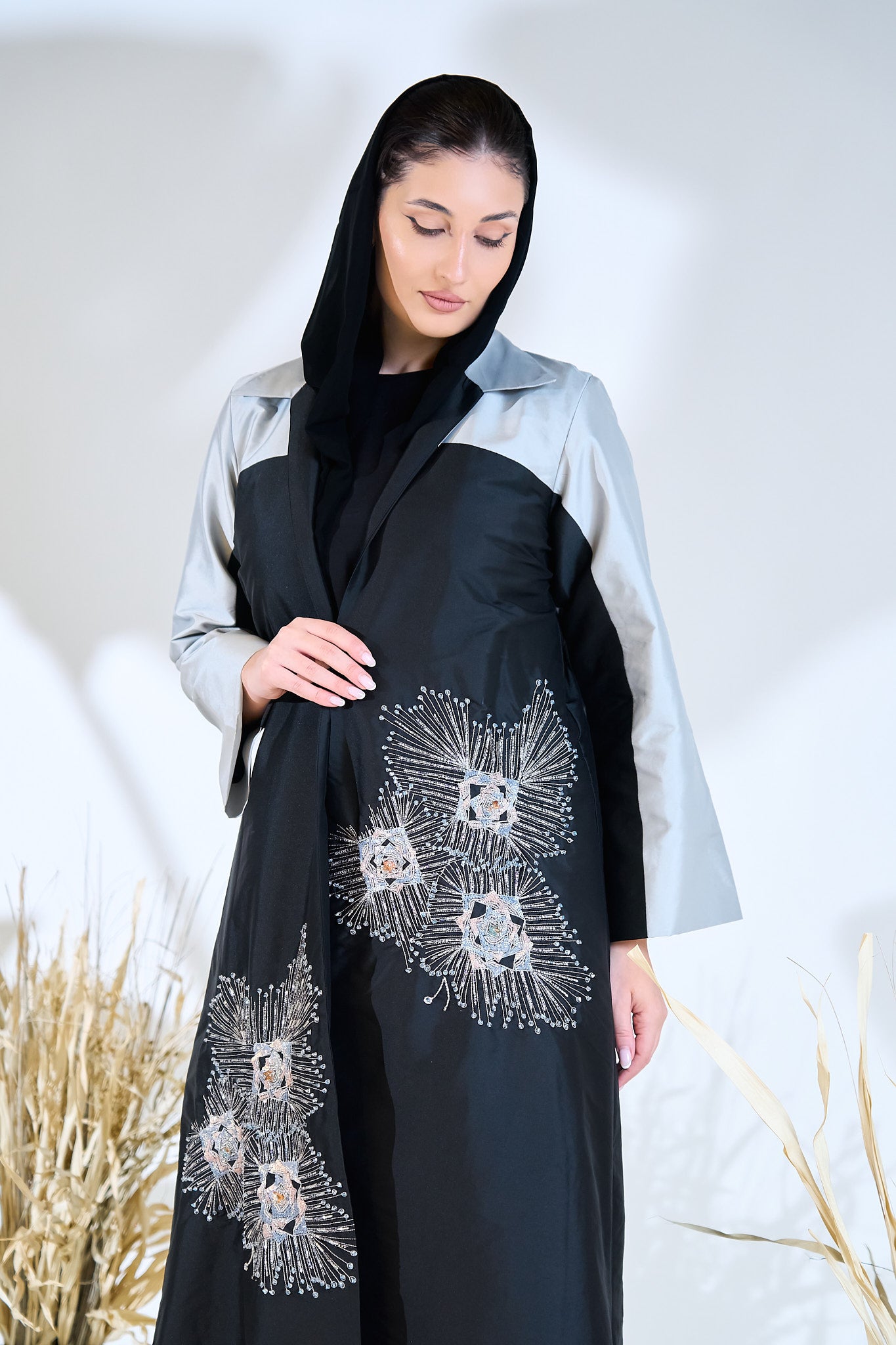 Two-Tone Abaya with Hand-Embellished Radiant Burst Motifs