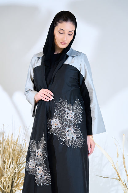 Two-Tone Abaya with Hand-Embellished Radiant Burst Motifs