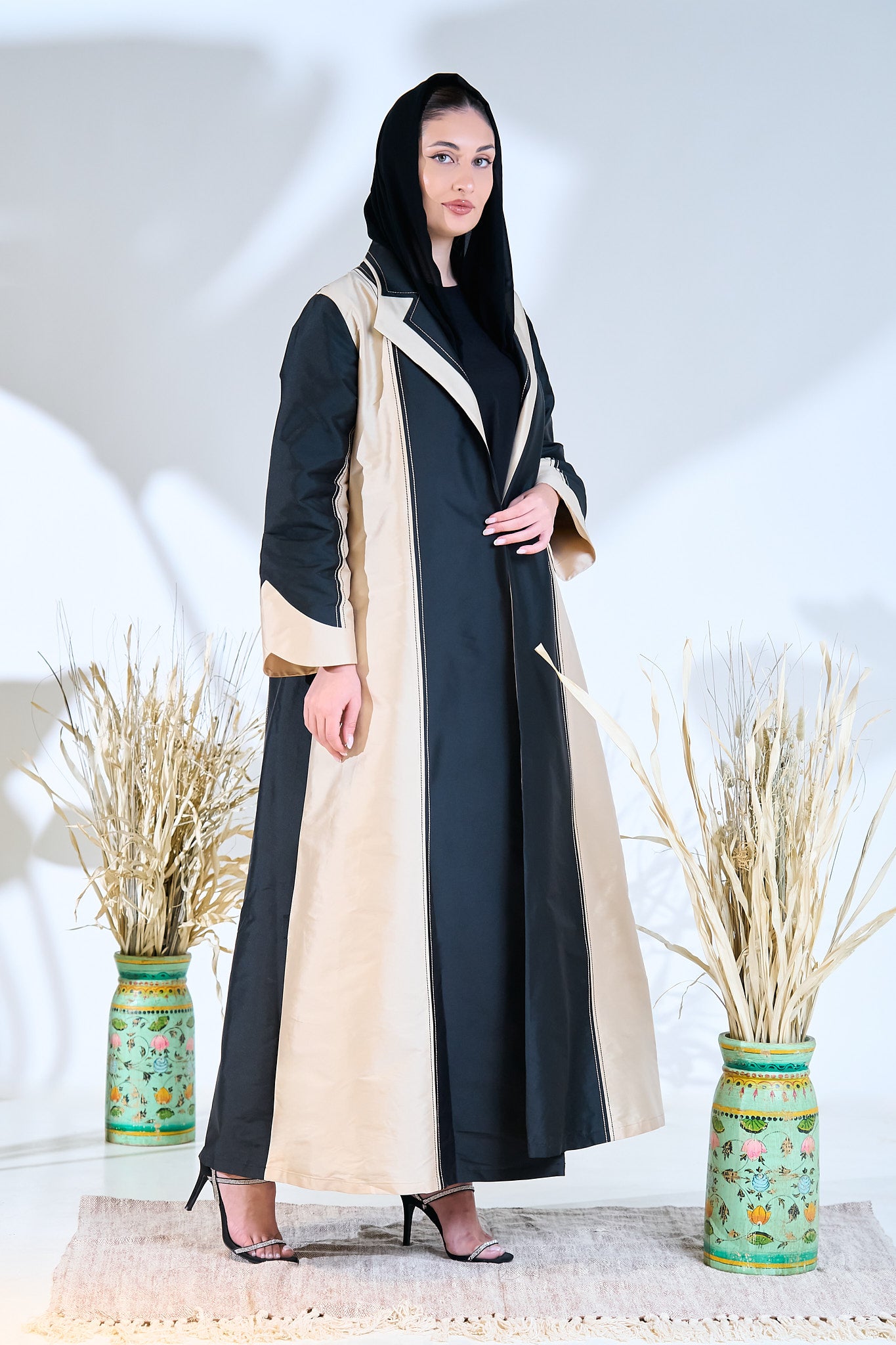 Premium Dual-Tone Structured Elegance Abaya in Black & Beige