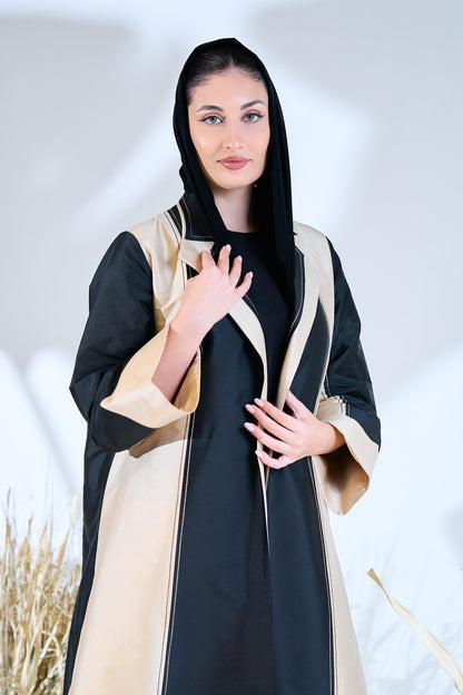 Premium Dual-Tone Structured Elegance Abaya in Black & Beige