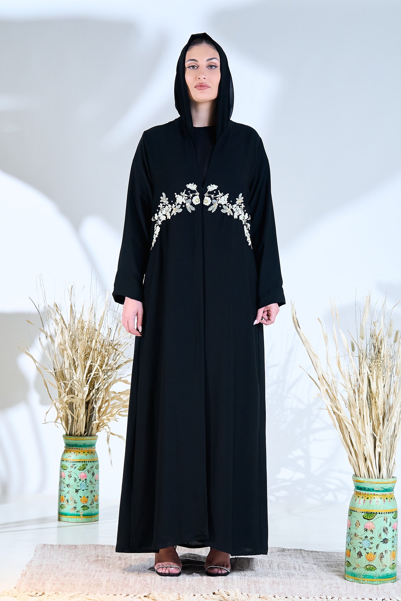 Midnight Petals Waist-Embroidered Abaya