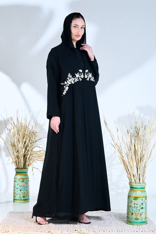 Midnight Petals Waist-Embroidered Abaya – hover image