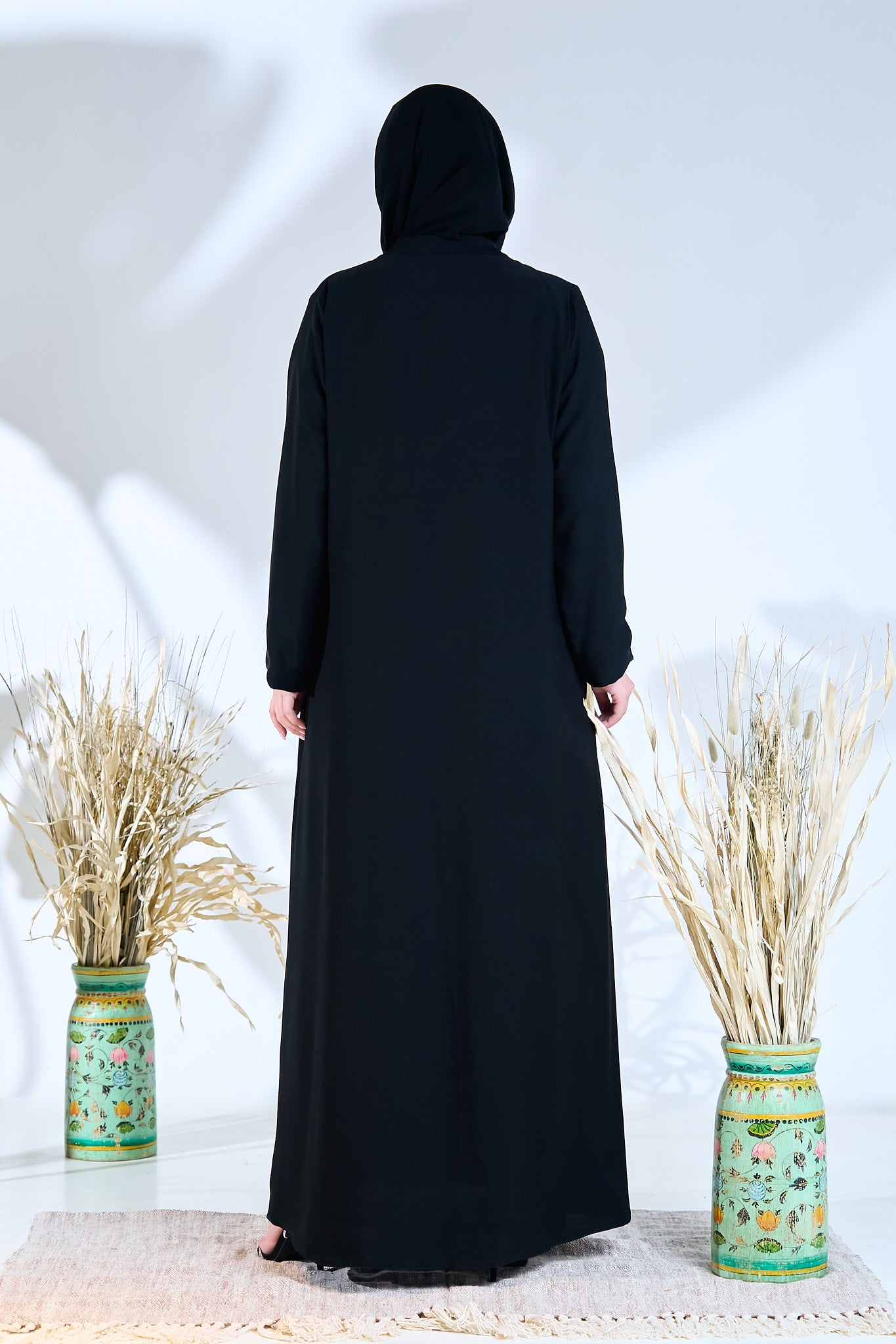 Midnight Petals Waist-Embroidered Abaya