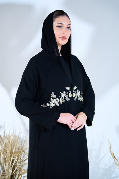 Midnight Petals Waist-Embroidered Abaya