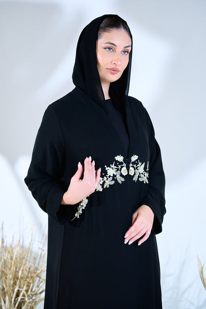 Midnight Petals Waist-Embroidered Abaya