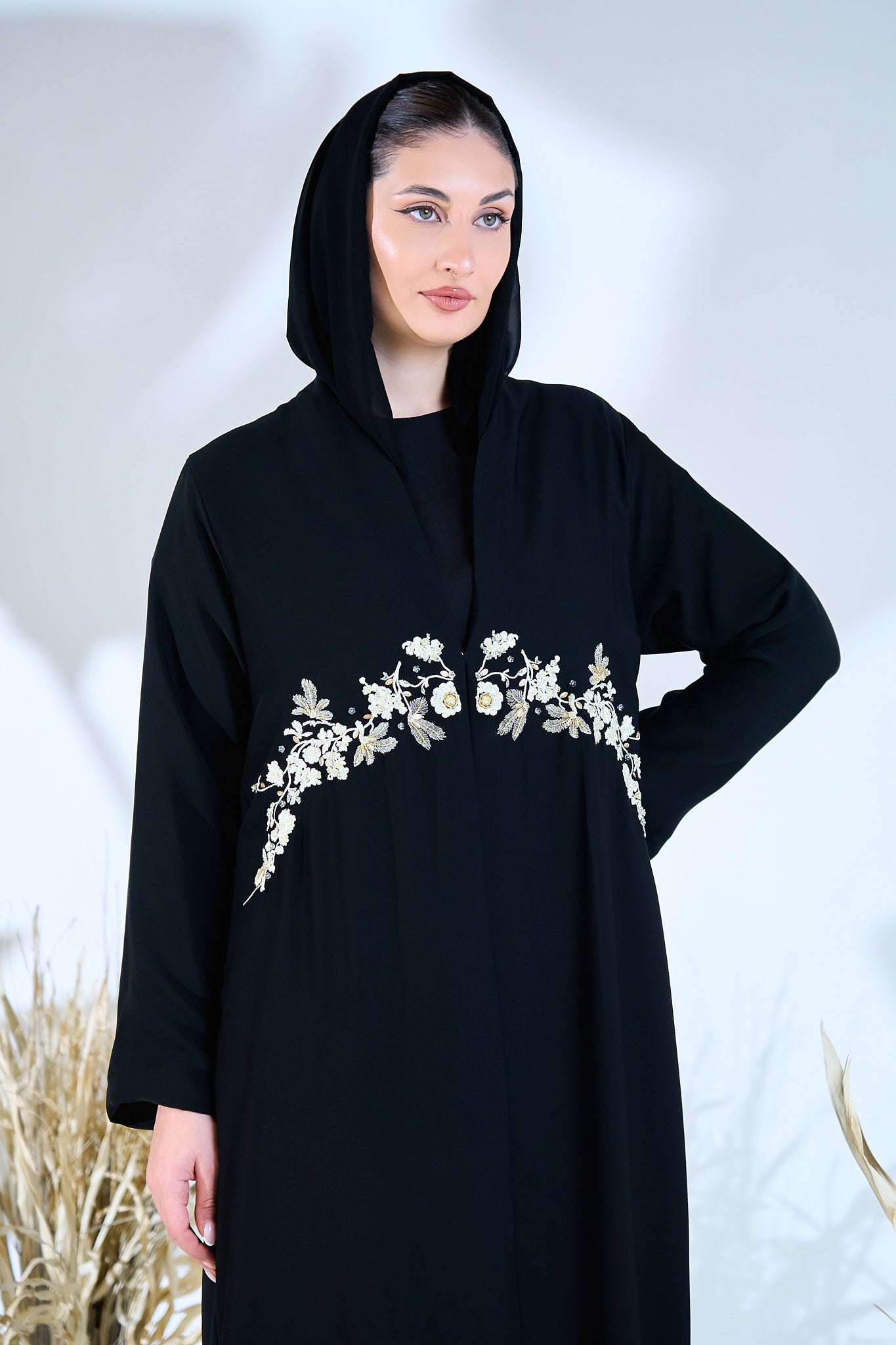 Midnight Petals Waist-Embroidered Abaya