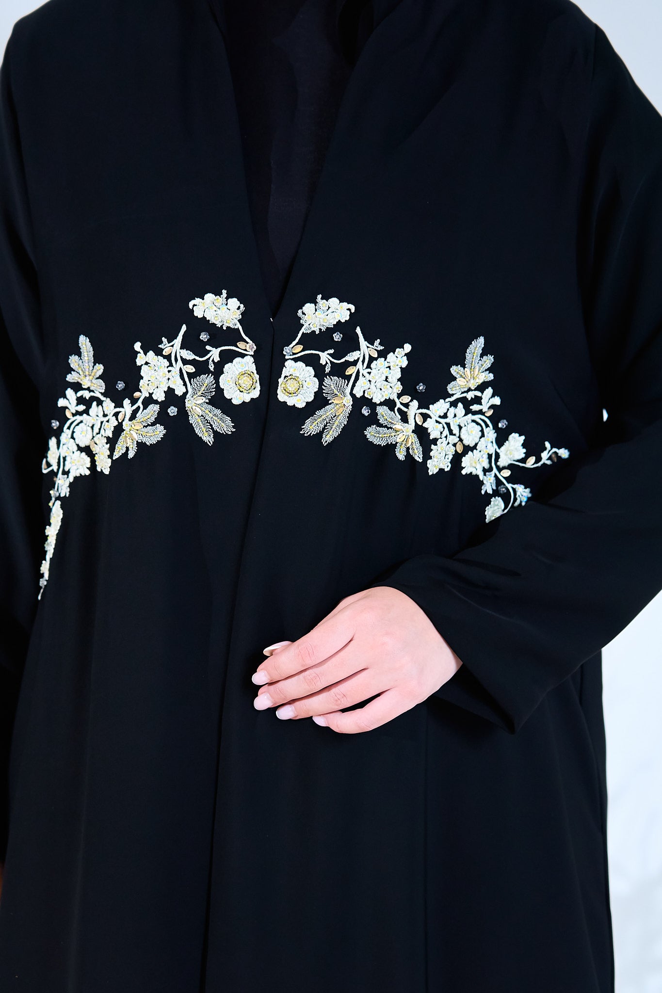 Midnight Petals Waist-Embroidered Abaya