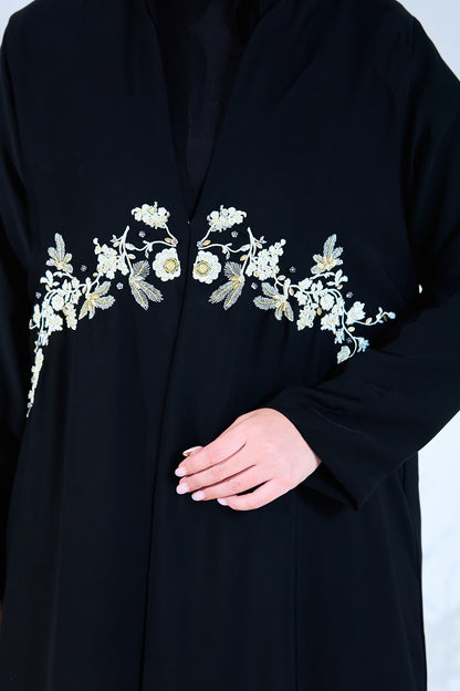 Midnight Petals Waist-Embroidered Abaya
