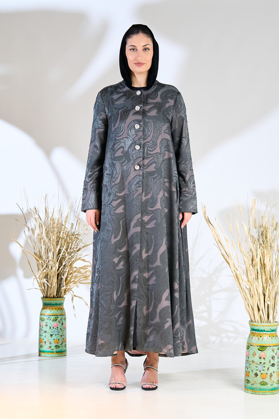 Elegant Silver-Grey Jacquard Buttoned Abaya