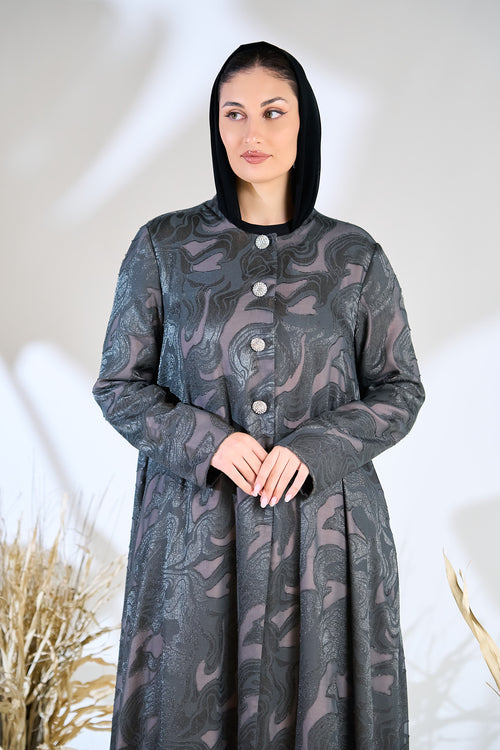 Elegant Silver-Grey Jacquard Buttoned Abaya – hover image