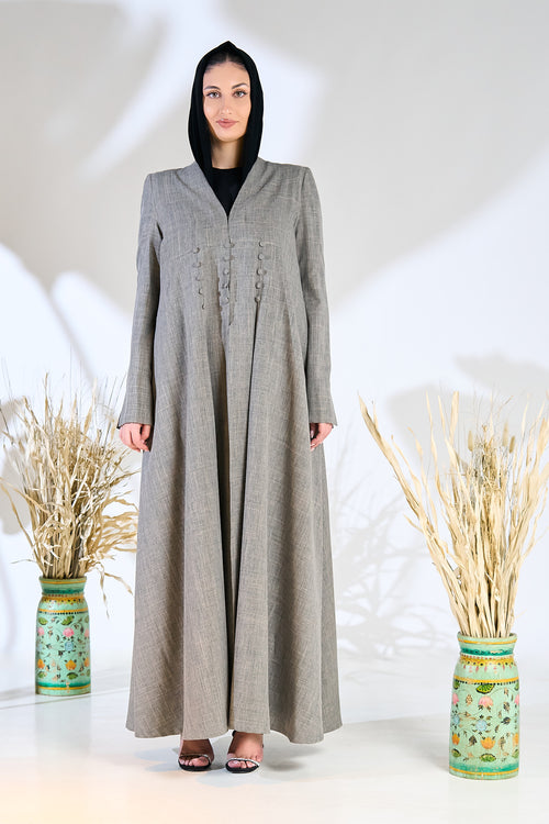 Soft Linen-Blend Grey Pleated Abaya with Structured Button Panel