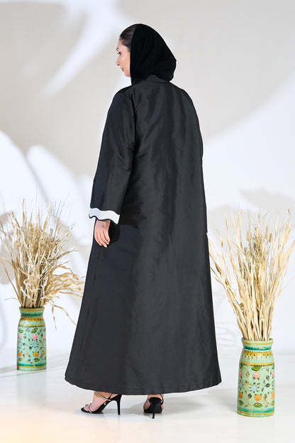 Black Taffeta Abaya with Wavy Contrast Center Panel and Cuff Accents