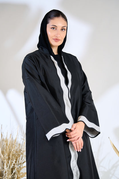 Black Taffeta Abaya with Wavy Contrast Center Panel and Cuff Accents