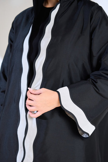 Black Taffeta Abaya with Wavy Contrast Center Panel and Cuff Accents