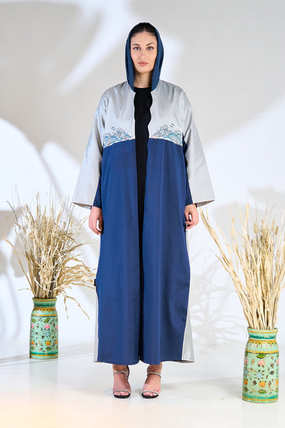 Blue Wave-Inspired Embroidered Abaya in Dual-Tone Panels