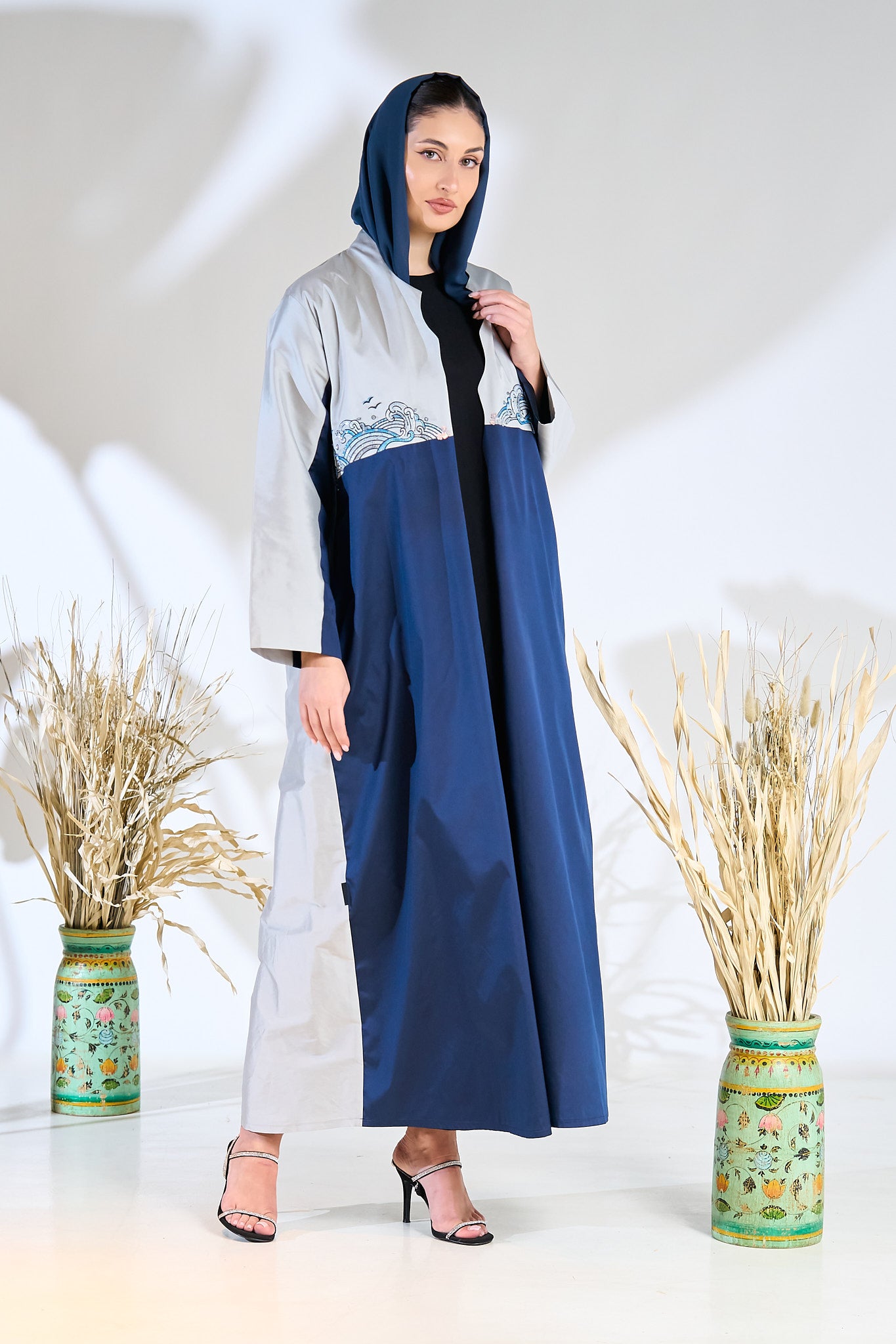 Blue Wave-Inspired Embroidered Abaya in Dual-Tone Panels