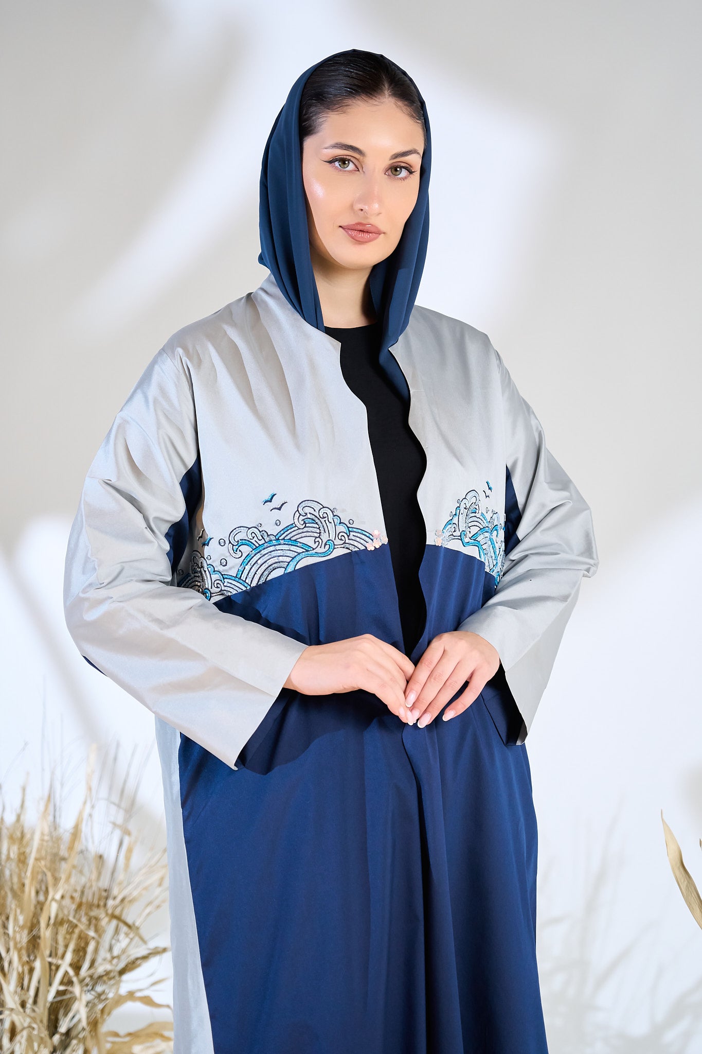 Blue Wave-Inspired Embroidered Abaya in Dual-Tone Panels